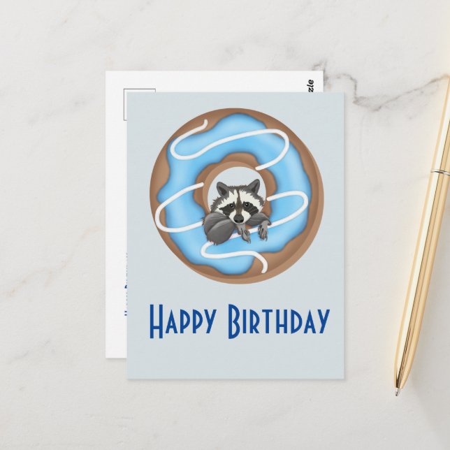 Carte Postale Raccoon mignon avec Donut doux Joyeux Anniversaire (Devant/Arrière en situation)