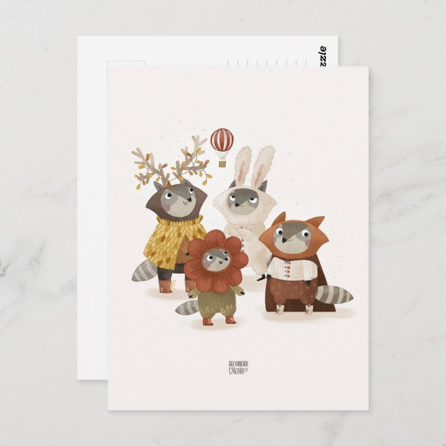 Carte Postale Raccoons par Alexandra Dikaia (Devant / Derrière)
