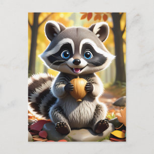 Carte Postale Racon de style Cute Kawaii tenant un gland