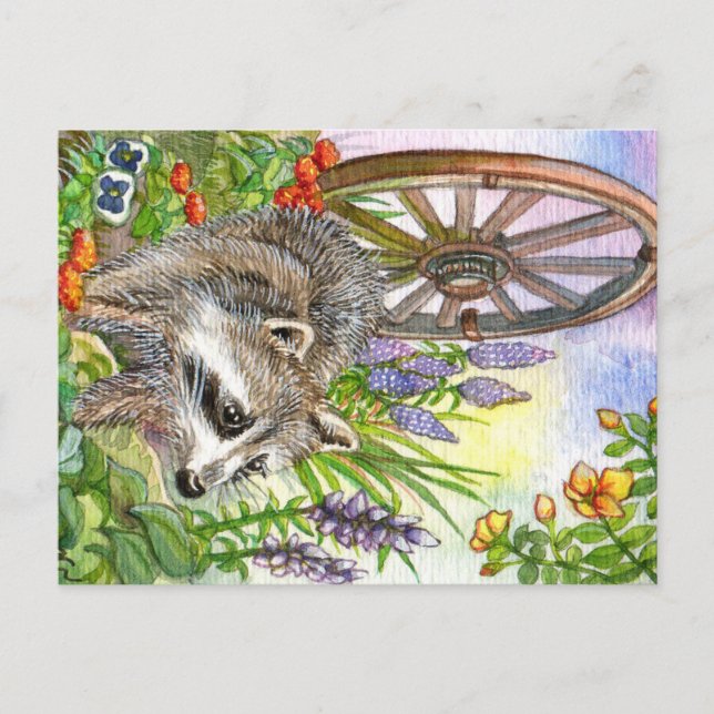 Carte Postale Racoon Par Flower Garden (Devant)