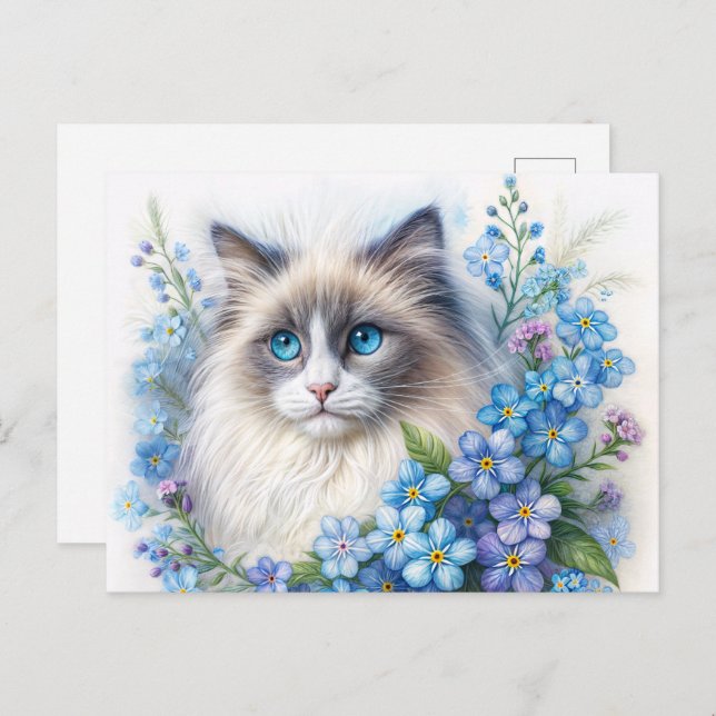 Carte Postale Ragdoll Cat With Forget-Me-Nots (Devant / Derrière)