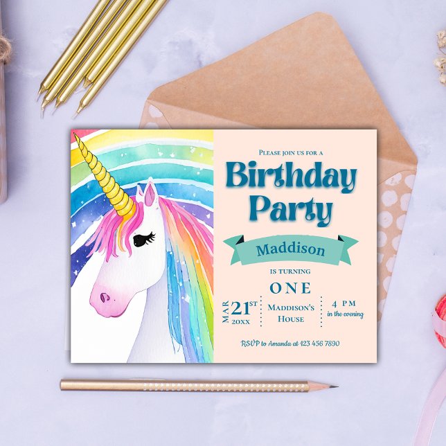 Carte Postale Rainbow Kids Unicorn 1er Anniversaire Fête Invitat (Rainbow Kids Unicorn 1st Birthday Party Invitation Postcard)