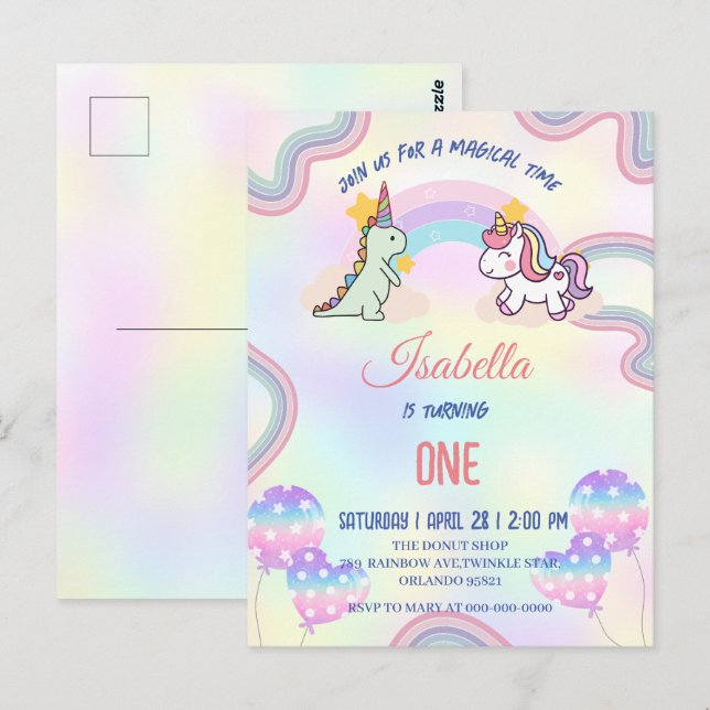 Carte Postale Rainbow Unicorn & Dinosaur Friends Anniversaire Pa (Devant / Derrière)