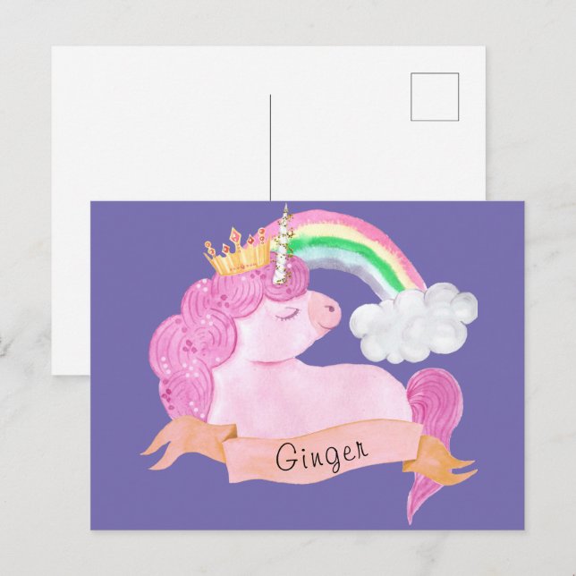 Carte Postale 🌈 Rainbow Unicorn Nom personnalisé (Devant / Derrière)