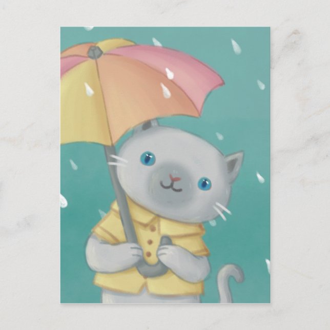 Carte Postale Rainy Day : Illustration de chat et parapluie (Devant)