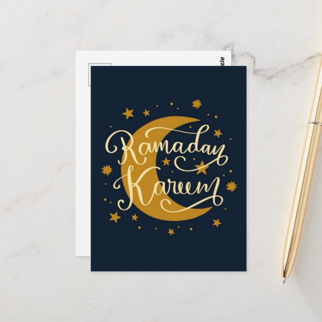 Carte Postale Ramadan Kareem | Croissant d'or et étoiles (Devant/Arrière en situation)