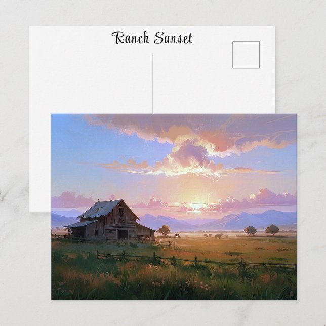 Carte Postale Ranch Sunset Sunrise Peinture Ancienne Ferme aband (Devant / Derrière)