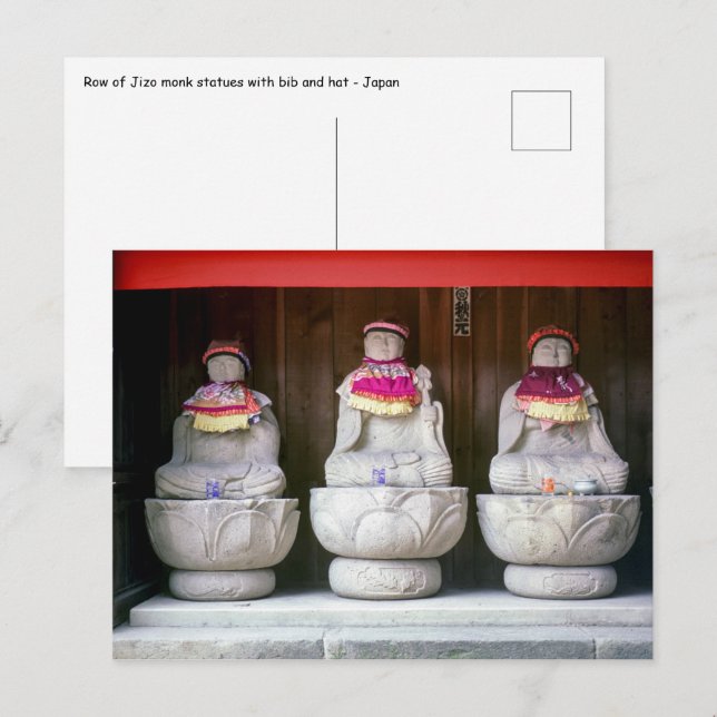 Carte Postale Rangée de statues de moines Jizo avec bib et casqu (Devant / Derrière)