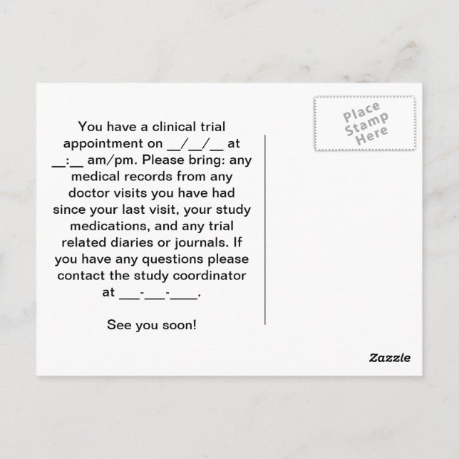 Carte Postale Rappel de nomination pour l'essai clinique (Dos)