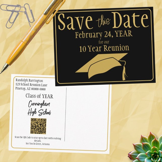 Carte Postale Rassemblement de classe Enregistrez la date Code Q (front and back save the date class reunion post card)