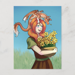Carte Postale Rassembler les fleurs avec un dragon