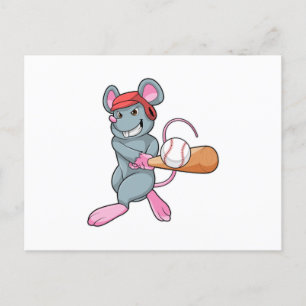 Carte Postale Rat au baseball avec une batte de baseball et un c