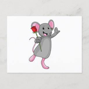 Carte Postale Rat avec fleur Rose