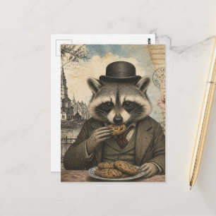 Carte Postale Raton laveur adorable mangeant des cookies vintage
