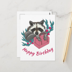 Carte Postale Raton laveur avec des fleurs et un sac rose Joyeux