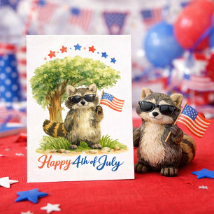 Carte Postale Raton laveur patriotique tenant le drapeau américa