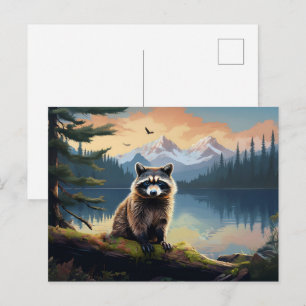 Carte Postale Raton laveur sur un lac forestier