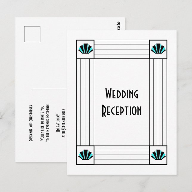 Carte Postale Réception mariage Art déco bleu (Devant / Derrière)