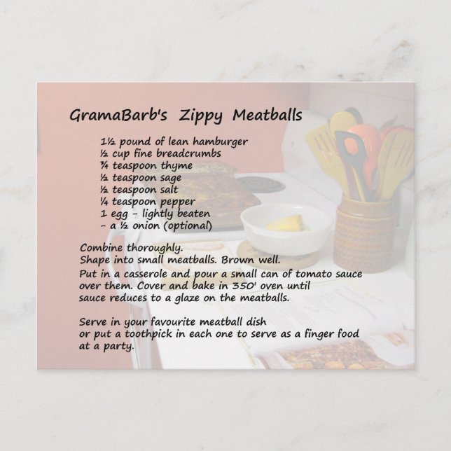 Carte postale Recette de boulettes de viande Zippy (Devant)