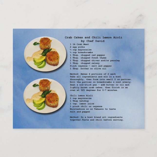 Carte postale Recette de gâteaux de crabe (Devant)