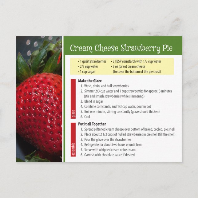 Carte Postale Recette de tarte aux fraises au fromage à la crème (Devant)
