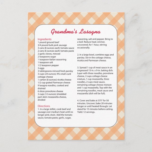 Carte Postale Recette préférée de la famille Rétro - Lasagne (Devant)
