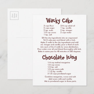 Carte Postale Recettes de gâteau farfelu et de glaçage au chocol