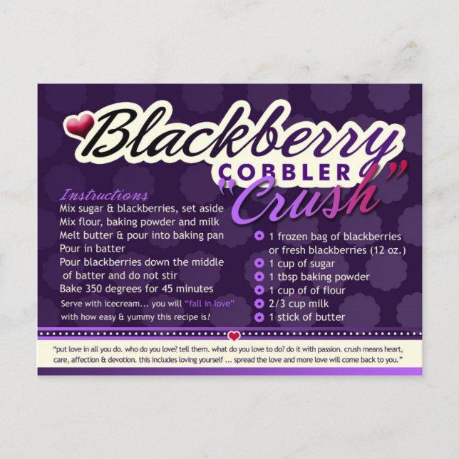 Carte Postale Recettes riches BLACKBERRY COBBLER CRUSH (Devant)