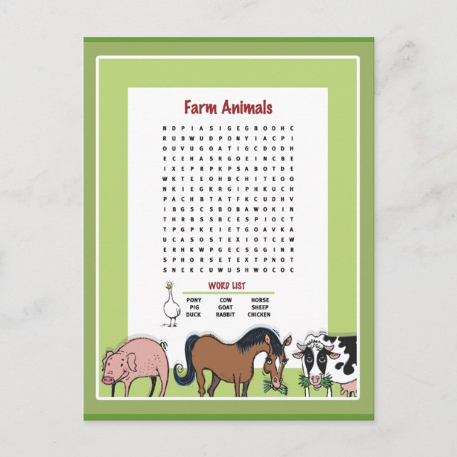Carte Postale Recherche Word sur les animaux de ferme (Devant)