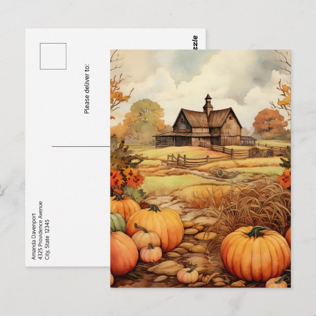 Carte Postale Récolte de citrouilles de la ferme à l'automne pou (Devant / Derrière)
