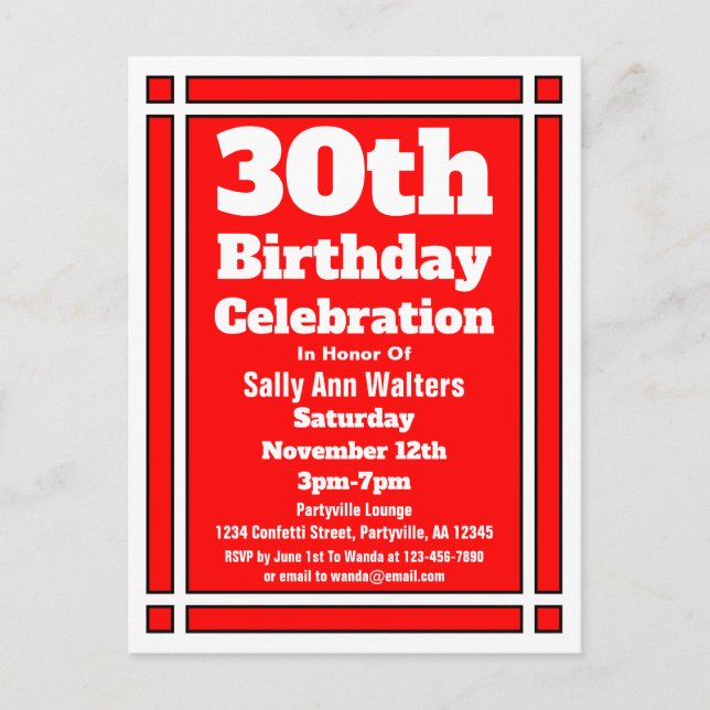 Carte postale Red 30th Birthday Invitation (Devant)