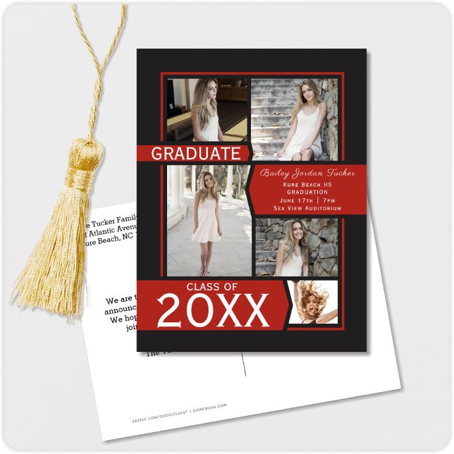 Carte Postale Red 5-Photo Collage Faire-part de graduation (Créateur téléchargé)