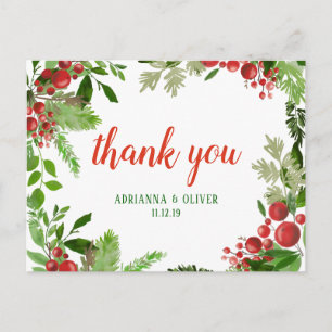 Carte Postale Red Berry Holly Feuille Merci Mariage de Noël 