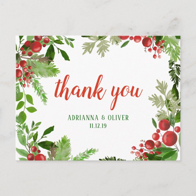 Carte Postale Red Berry Holly Feuille Merci Mariage de Noël  (Devant)
