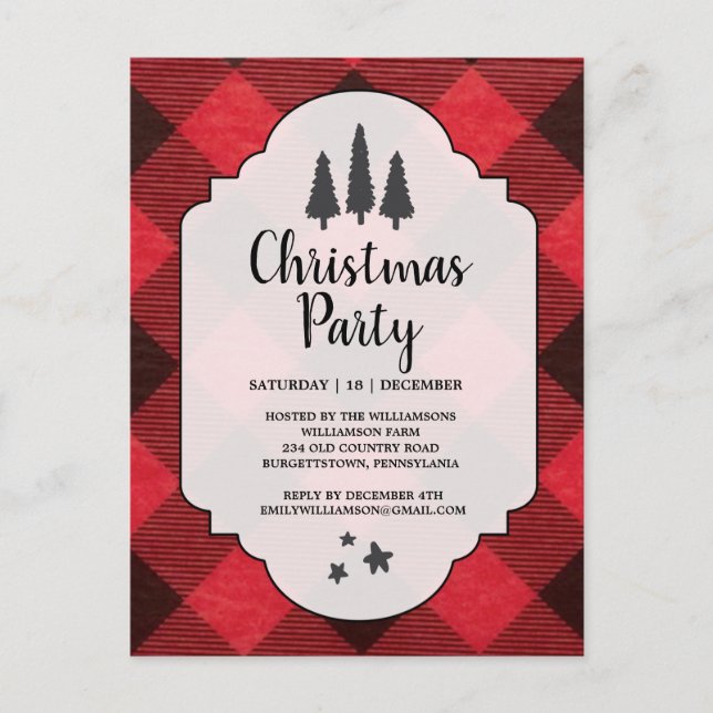 Carte Postale Red Black Buffalo Plaid Christmas Party Invite (Devant)