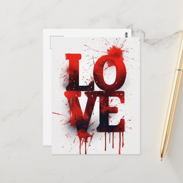 Carte Postale Red Blood Splatter LOVE Valentine (Devant/Arrière en situation)