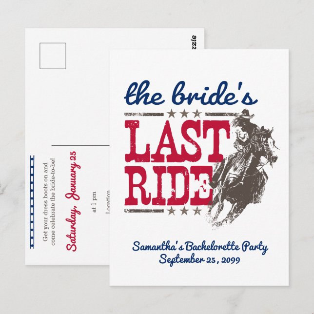 Carte Postale Red & Blue L'Invitation Dernier Ride de la mariée (Devant / Derrière)