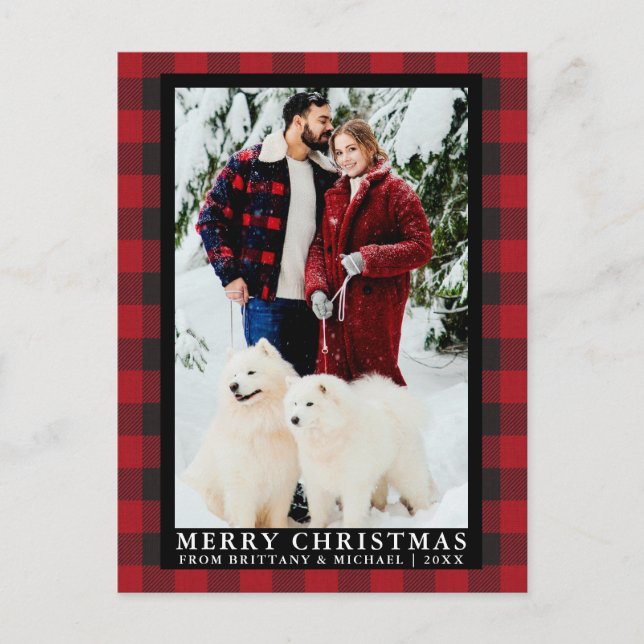 Carte Postale Red Buffalo Plaid Couple Photo Joyeux Noël (Devant)