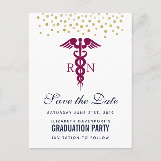 Carte Postale Red Caduceus Nurse Graduate Enregistrer la date (Devant)