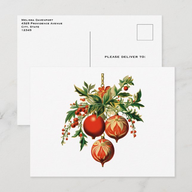 Carte Postale Red Christmas Baubles avec Holly Festive (Devant / Derrière)