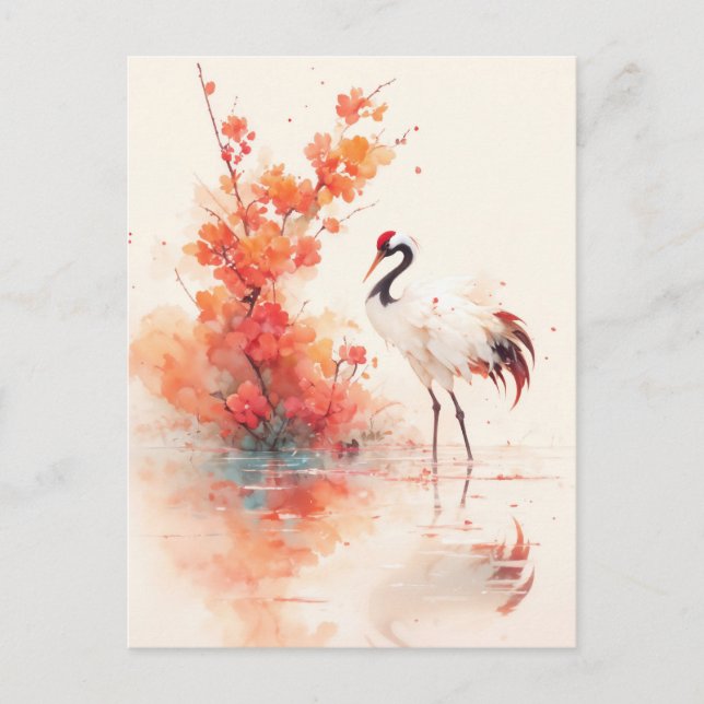 Carte Postale Red Crowned Crane with Orange Blossom Branch (Devant)