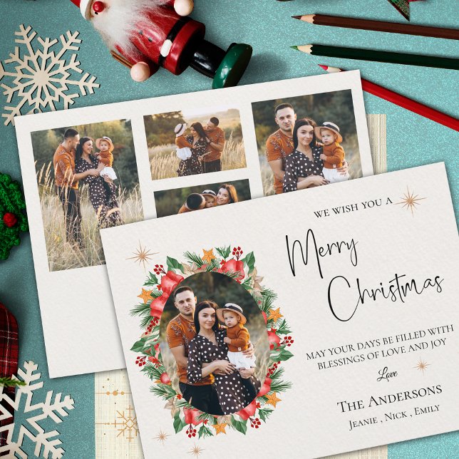 Carte Postale Red Florals Multi Family Photos Joyeux Noël (Red Florals Multi Family Photos Merry Christmas Postcard)