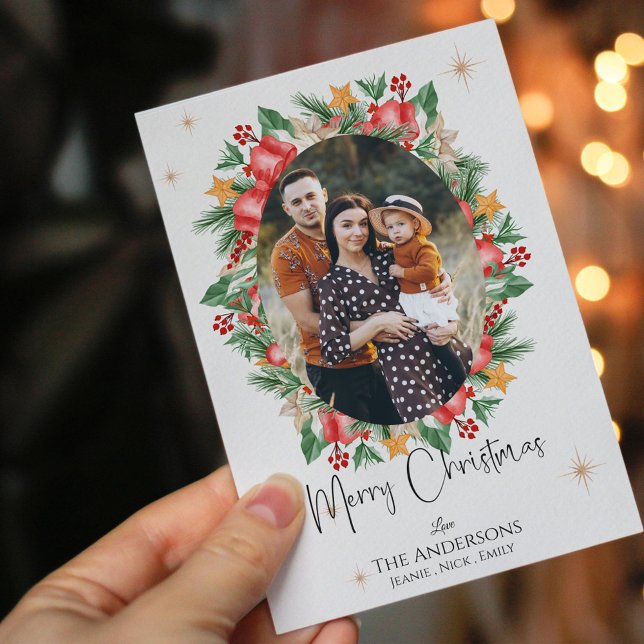 Carte Postale Red Florals Multi Family Photos Joyeux Noël (Red Florals Multi Family Photos Merry Christmas Postcard)