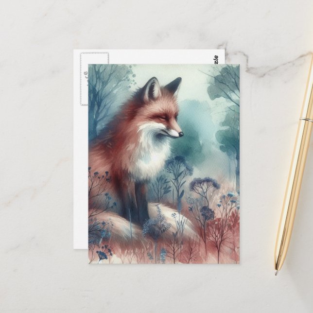 Carte Postale Red Fox Watercolor (Devant/Arrière en situation)