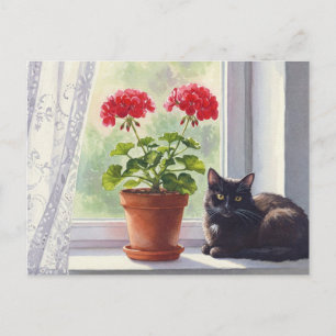 Carte postale Red Geranium et Black Cat