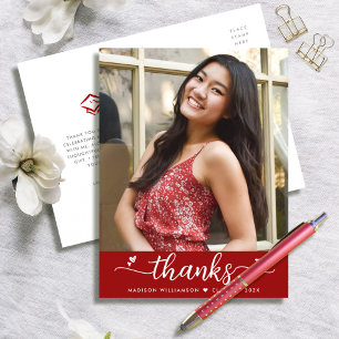 Carte Postale Red Graduation Photo Chic Script Coeurs Merci