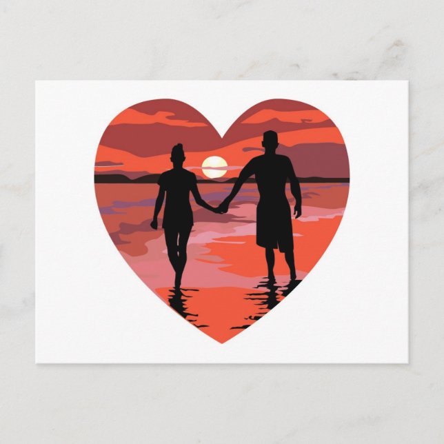 Carte Postale Red Heart Sunset Beach tenant la main (Devant)