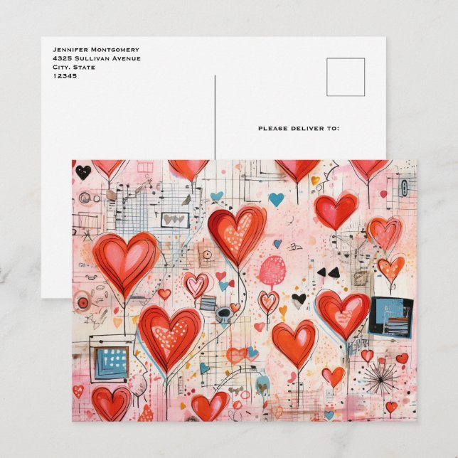 Carte Postale Red Hearts Whimsical Love Motif (Devant / Derrière)
