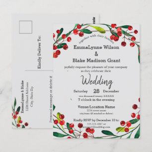 Carte Postale Red Holly Berries Wreath Xmas Faire-part de mariag