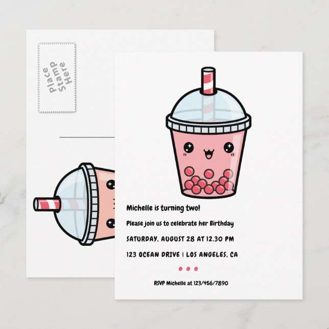 Carte postale Red Kawaii Bubble Tea Anniversaire (Devant / Derrière)
